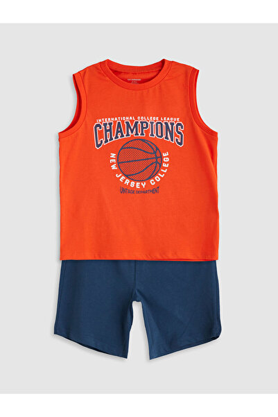 LC Waikiki LCW Kids Orange bedrucktes Unterhemd und Shorts für Jungen, 2er-Set