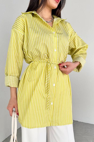Cappmoda Elb-01808 Oil Green Striped Belt Detailed Shirt Dress