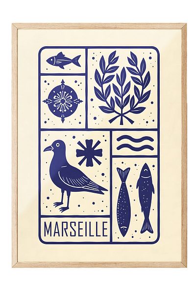 Postifull Wooden Framed Poster, Marseille, Illustration, Blue Color Poster, Summer Selection 2025, No:109572