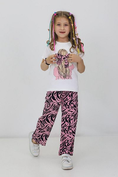 RAPİDO LİFE Girls' Double Suit Short Sleeve Printed Ribbon Detail T-Shirt with Elastic Waist Patterned Pants