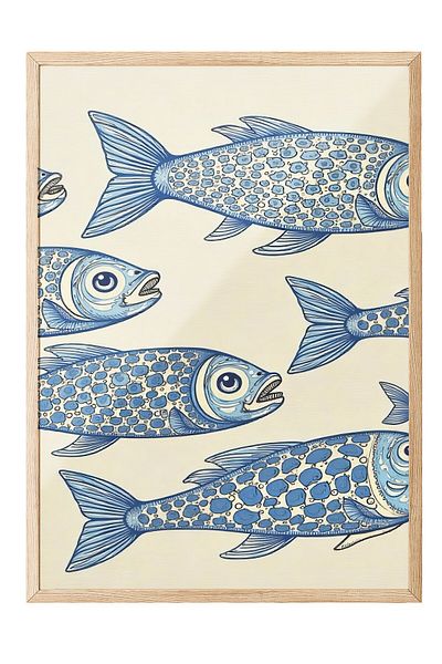 Postifull Wooden Framed Poster, Fishes, Illustration, Blue Color Poster, 2025 Summer Selection, No:109586
