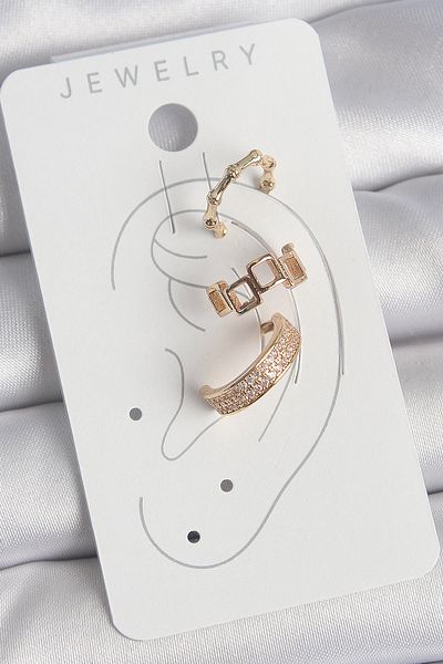 Toptan Bulurum Brass Gold Color Square Model Zircon Stone 3 Piece Model Women's Cartilage Earrings