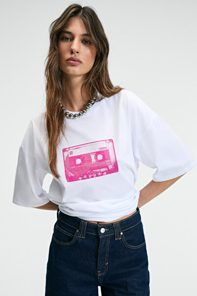 GRIMELANGE LUCENYA Γυναικείο λαιμόκοψη με κοντό μανίκι μπροστά με λεπτομέρεια με κανονική εφαρμογή Λευκό μπλουζάκι