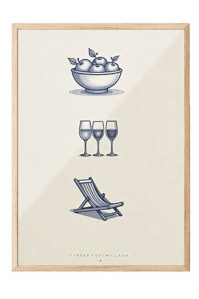 Postifull Wooden Framed Poster, Beach Atmosphere, Illustration, Blue Color Poster, 2025 Summer Selection, No:109568