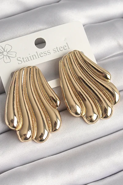 Toptan Bulurum Brass Gold Color Embroidered Oyster Model Women's Earrings