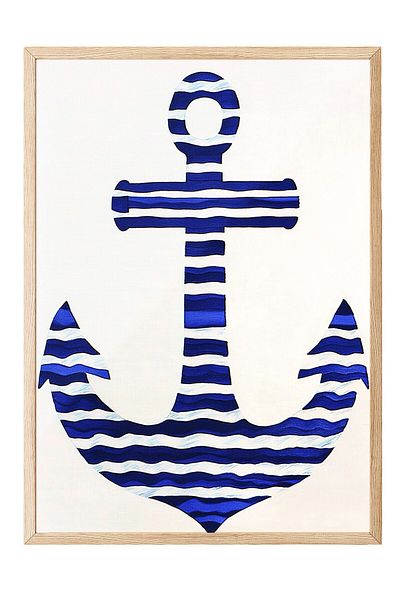 Postifull Wooden Framed Painting, Anchor, Flat Illustration, Minimalist, Blue, White Color Poster, 2025 Summer Selection