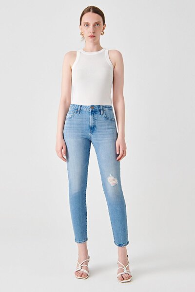 Denim Trip Yüksek Bel Düz Paça Slim Fit Açık İndigo Kadın Denim Pantolon DT11123