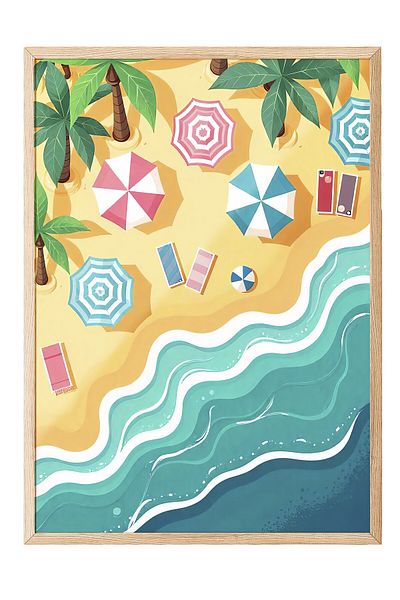 Postifull Wooden Framed Painting, Seaside, Illustration, Maximalist, Blue Color Poster, 2025 Summer Selection, No:10975