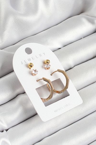 Toptan Bulurum Gold Color 3-Piece Double Women's Earring Set with Brass Zircon Stone and Bone Ring Figure