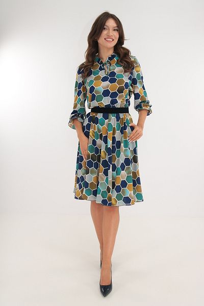 Vanessa Line RO Navy blue-turquoise geometric print wrap dress