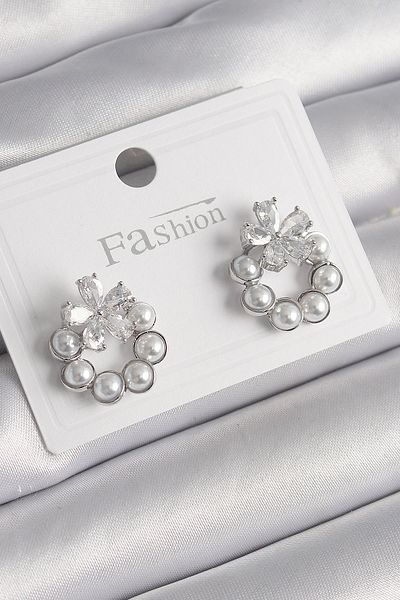 Toptan Bulurum Brass Silver Color Pearl Hoop Model Zircon Stone Flower Detail Women's Earrings