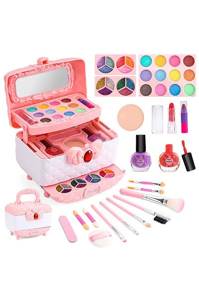 WePro Store Kids makeup kit pink with ruby bow, 12 eyeshadow, nail polish, 2 lipsticks, brushes, glitter