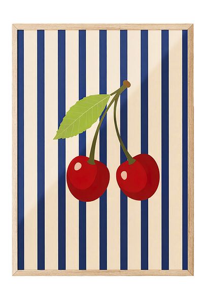 Postifull Wooden Framed Painting, Sweet Cherries, Illustration, Maximalist, Blue Color Poster, 2025 Summer Selection,