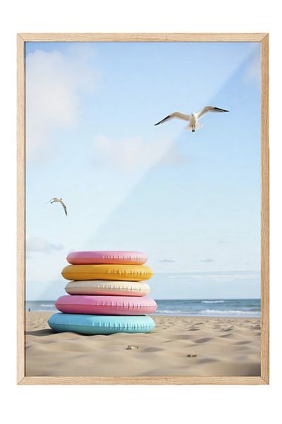 Postifull Wooden Framed Poster, Swimming Ring on the Beach, Photo, Yellow Color Poster, 2025 Summer Selection, No:10969