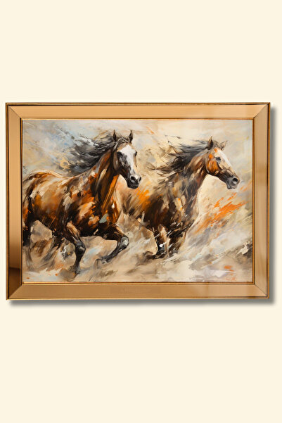 byMelekoğlu Gold Çerçeveli Cama Baskılı Cam Yağlı Boya 3d 2li At Tablo