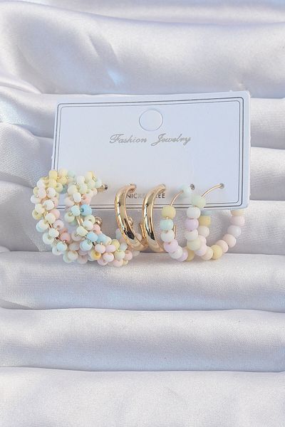 Toptan Bulurum Gold Color Soft Colored Beaded Hoop Earring Set