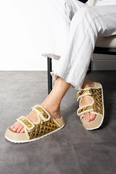 Sivarro Quilted Gold Velcro Shiny Women's Slippers – Orthopedic, Stylish, Non-Slip Sole