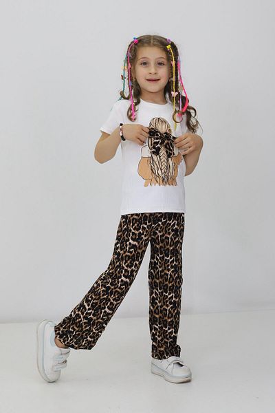 RAPİDO LİFE Girls' Double Suit Short Sleeve Printed Ribbon Detail T-Shirt with Elastic Waist Patterned Pants