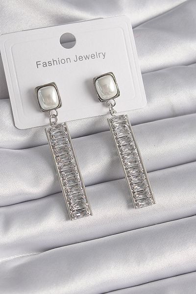 Toptan Bulurum Brass Silver Color Square Pearl Zircon Stone Waterway Model Women's Earrings