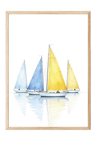 Postifull Wooden Framed Poster, Sailboats, Illustration, Yellow Color Poster, Summer Selection 2025, No:109631