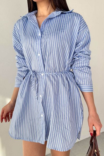 Cappmoda Elb-01808 Blue Striped Belt Detailed Shirt Dress