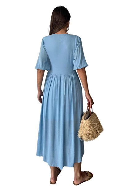 Moda Amore Kadın Yazlık Beyaz Elbise - V Yaka Astarlı Düğme Detaylı Kısa Kollu Elbise 7539