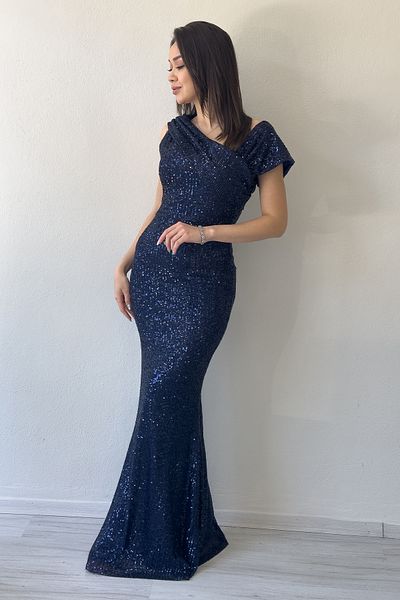 zks grup tekstil Women's Asymmetrical Neckline Sequin Sequin Plus Size Fish Evening Dress Beige, Navy Blue, Black, Mink
