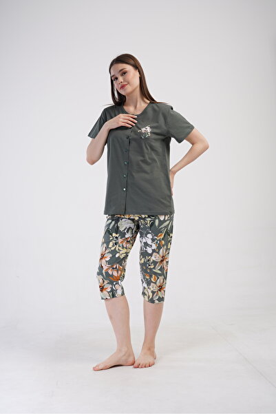 VİENETTA Pamuklu Büyük Beden Düğmeli Kapri Pijama Takım