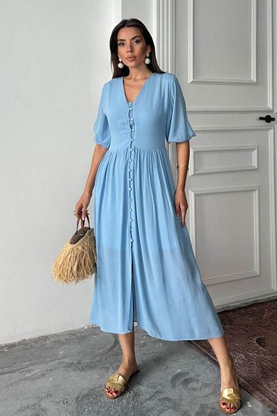 ZISHAN Front Button Detailed Half Sleeve V Neck Summer Casual Dress - 7539