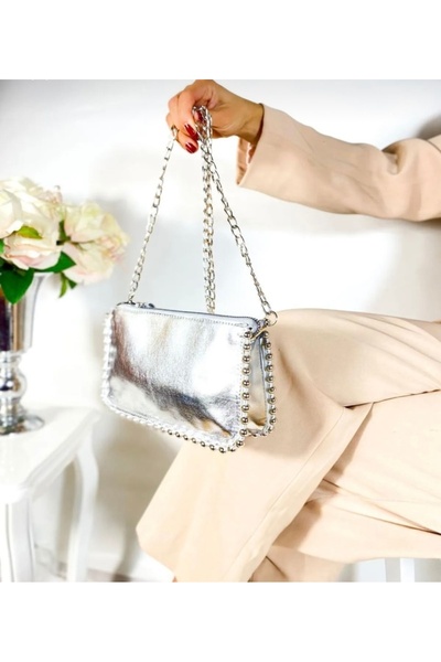selma demir Geantă cu curea cu lanț cu mărgele argintie pentru femei