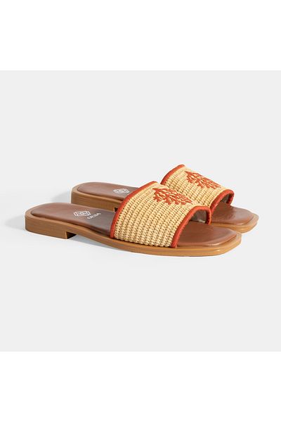 Desa Women's Beige Embroidery Detailed Straw Slippers