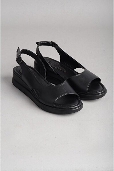 SEÇ KUNDURA Seç 264 Genuine Leather Wedge Heel Sandals (Heel Height: 4cm) Black