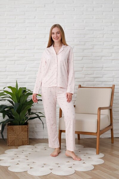 Espuar 776 Kadın Önden Düğmeli Çiçek Desenli Uzun Kollu Pijama Takımı
