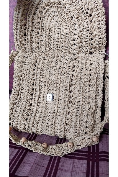 Nazlı Dokunuş El Yapımı Doğal Renk Kağıt Ip Örgü Omuz Çantası - Ahşap Boncuk Detaylı