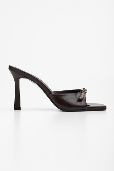 Shoeberry Women's Vionne Bitter Brown Shiny Belted Heeled Slippers