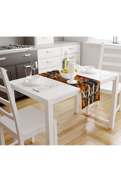 Şah Dekor Avant-Garde Themed Autumn Cat Patterned Digital Printed Gift Runner Tablecloth 45X100Cm