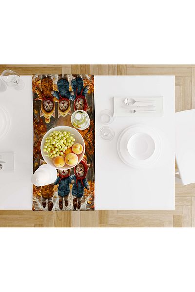 Şah Dekor Avant-Garde Themed Autumn Cat Patterned Digital Printed Gift Runner Tablecloth 45X100Cm