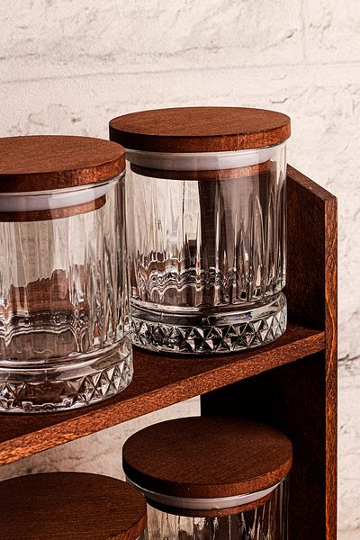 Snippy Mira Small - Set of 8 Vacuum Wooden Lid Glass Spice Jar Set with Stand Storage Container Set 210 ml