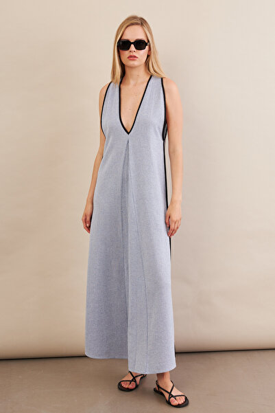 Cool & Sexy Kadın Mavi Kontrast Çizgili Maxi Keten Elbise MSİ101