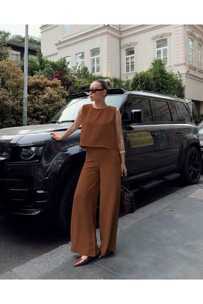 atelyu Women Camel Ayrobin Camel Pant Blouse Double Set