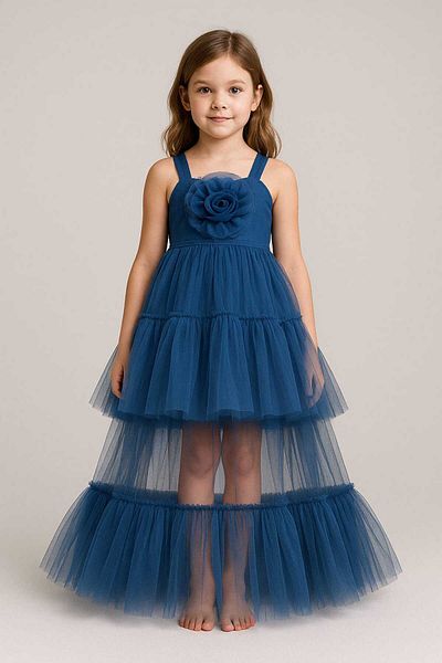 kent of kıds Girl's Strap Flower Applique Lined Short Model Skirt Tulle Back Elastic Zipper Closure Evening Dress