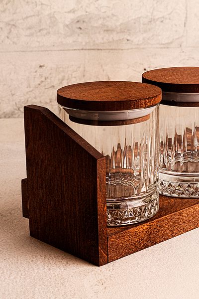 Snippy Mira Small - Set of 4 Vacuum Wooden Lid Glass Spice Jar Set with Stand Storage Container Set 210 ml