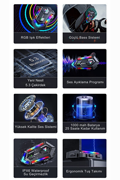howear Y20 Max RGB Işık Efektli İntercom Bluetooth Motosiklet Kask Kulaklığı İntercom Kulaklık