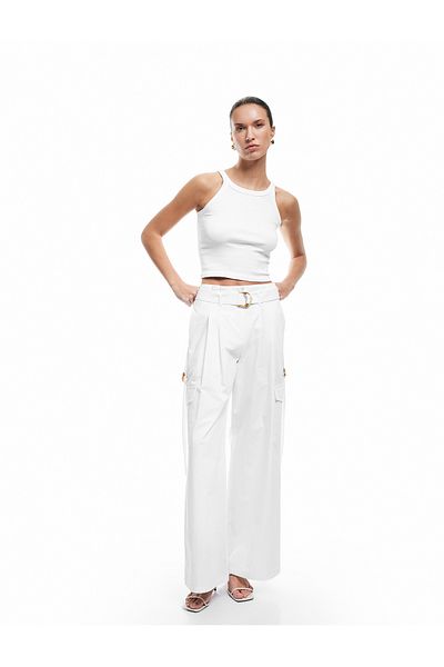 Koton New Season Cotton Belted Cargo Pocket Detailed Wide Leg Trousers