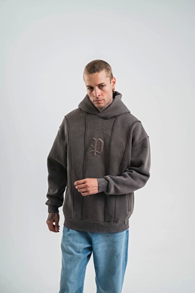 MODA Unisex Μακρυμάνικο Κεντητό Φούτερ με κουκούλα - Καπνιστό