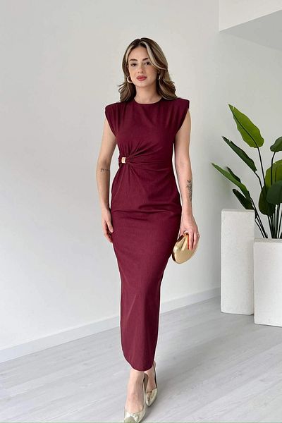 Aventien Rochie Midi Burgundy cu detaliu broșă căptușită