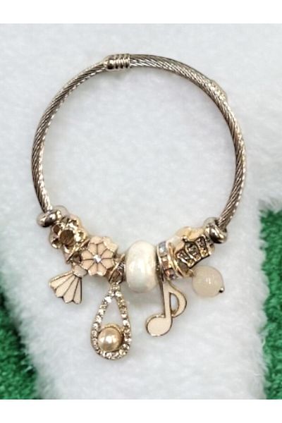Luna Barella Elegant Cream & Music Themed Stainless Steel Charm Bracelet