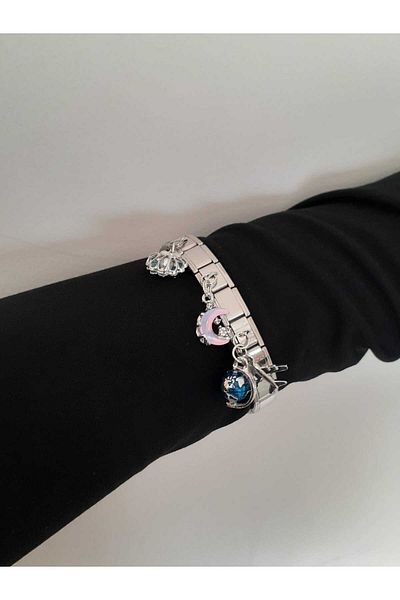bijoux uniques Steel Italian Charm Bracelet with Blue Seashell, Pearl, Airplane, World and Moon Figures