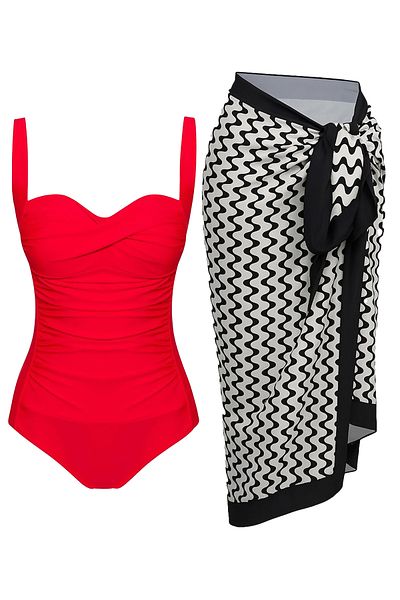 CUPSEA Women's Gathering Draped Red Wave Patterned Underwear Pareo Set of 2 Stylish and Slimming Effect