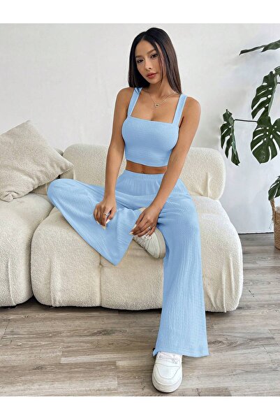 meren like your style Baby Blue Loose Casual Pants Bottom